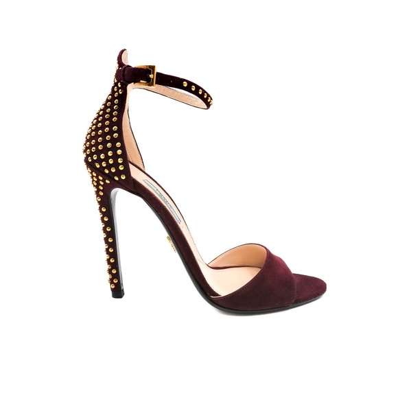 Prada Burgundy Suede Studded Ankle Strap Heels  EU 37.5 - Picture 1 of 8